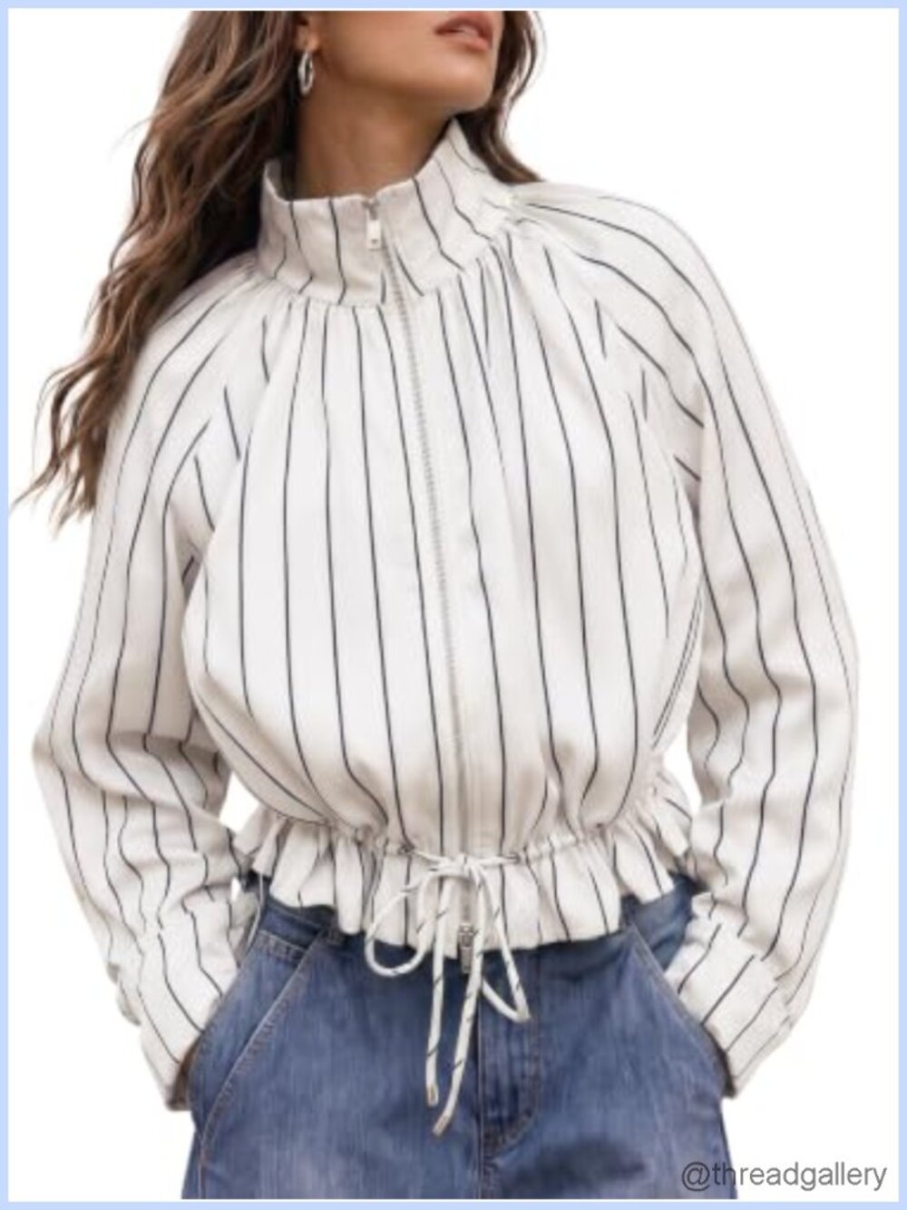 Striped Zip Up Cropped Casual Jacket Stand Collar Fall Coat